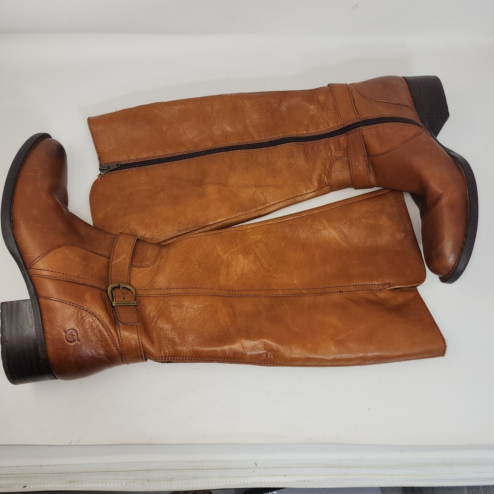 Born Leather Tall Riding Boots 10M Tan Cognac F71106 Zip Up Buckle Ankle - Picture 9 of 13